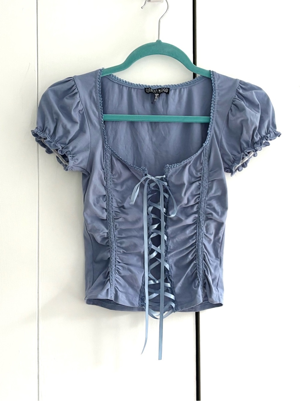 Dolls Kill Current Mood Blue Lace Up Ribbon Ruched Short Sleeve Top Size XS